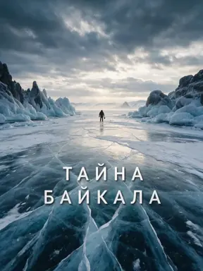 Постер фильма «Тайна Байкала»: прозрачный лёд, трещины, одинокая фигура вдали, кинематографично, надпись названия