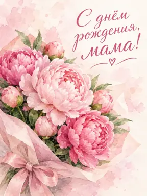 Открытка «С днём рождения, мама!»: букет пионов, акварель, нежные розовые тона, красивая надпись