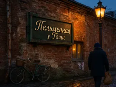Вывеска «Пельменная у Гоши» на старой кирпичной стене, вечер, тёплый свет фонаря