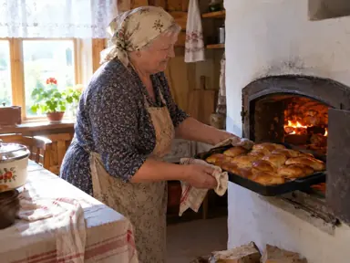 Реалистичное фото: бабушка достаёт пирожки из печи, деревенская кухня, утренний свет из окна