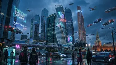 Москва-Сити в 2077 году: летающие машины, голограммы, вечер, кинематографичный кадр