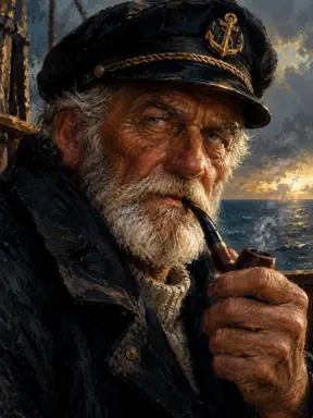 Портрет старого моряка с трубкой, масляная живопись, глубокие морщины, драматичный свет