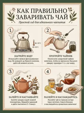 Инфографика «Как заварить чай» в стиле журнала: 4 шага с иллюстрациями и подписями по-русски